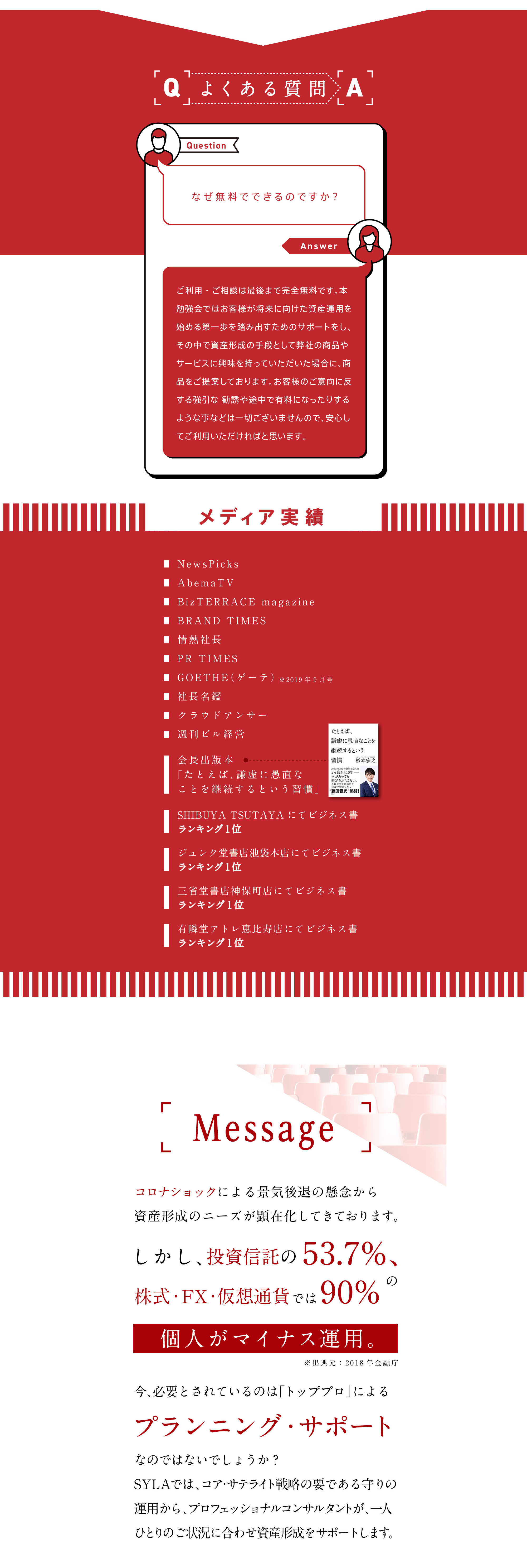 Message　コロナショックによる景気後退の懸念から資産形成のニーズが顕在化してきております。しかし、投資信託の53.7%、株式・FX・仮想通貨では90%の個人がマイナス運用。　※出典元：2018年金融庁　今、必要とされているのは「トッププロ」によるプランニング・サポートなのではないでしょうか？SYLAでは、コア・サテライト戦略の要である守りの運用から、プロフェッショナルコンサルタントが、一人ひとりのご状況に合わせ資産形成をサポートします。